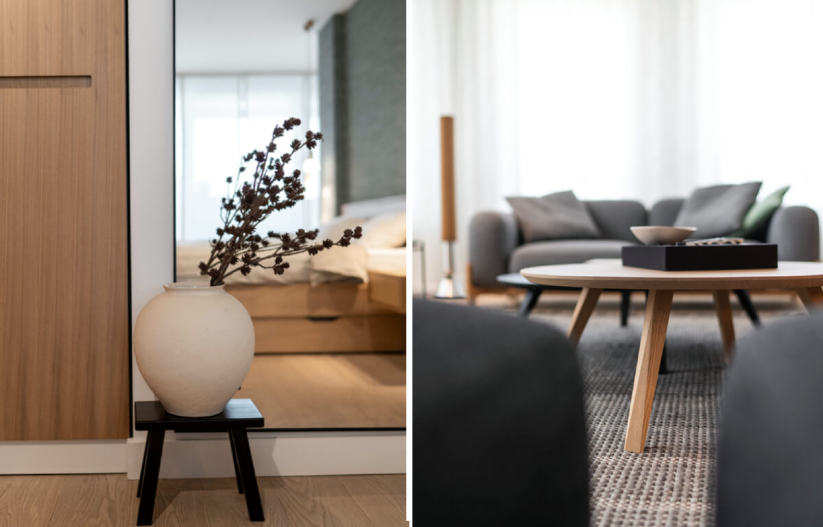 Minimalist bedroom and living room interior details.