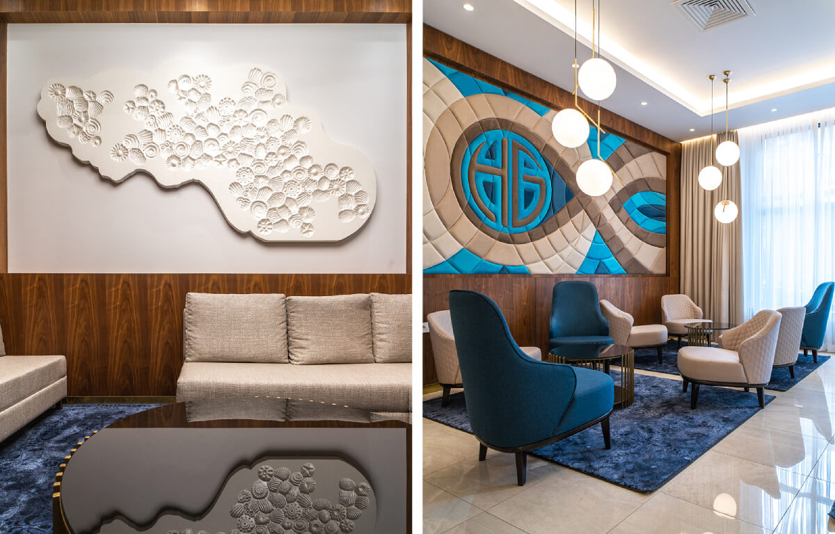 Luxurious interior design of a yacht interior with custom wall art and modern seating.