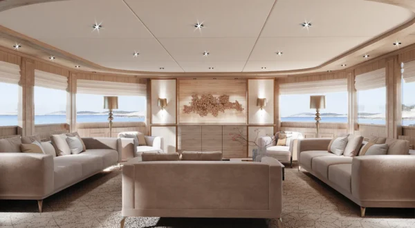 Luxury yacht interior, beige and white color scheme, featuring plush sofas and comfortable seating, perfect for relaxation and entertainment