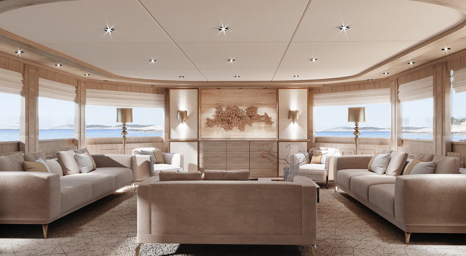Luxury yacht interior, beige and white color scheme, featuring plush sofas and comfortable seating, perfect for relaxation and entertainment