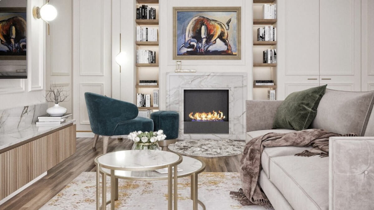 Modern gray couch with green pillow, suitable for living room furniture