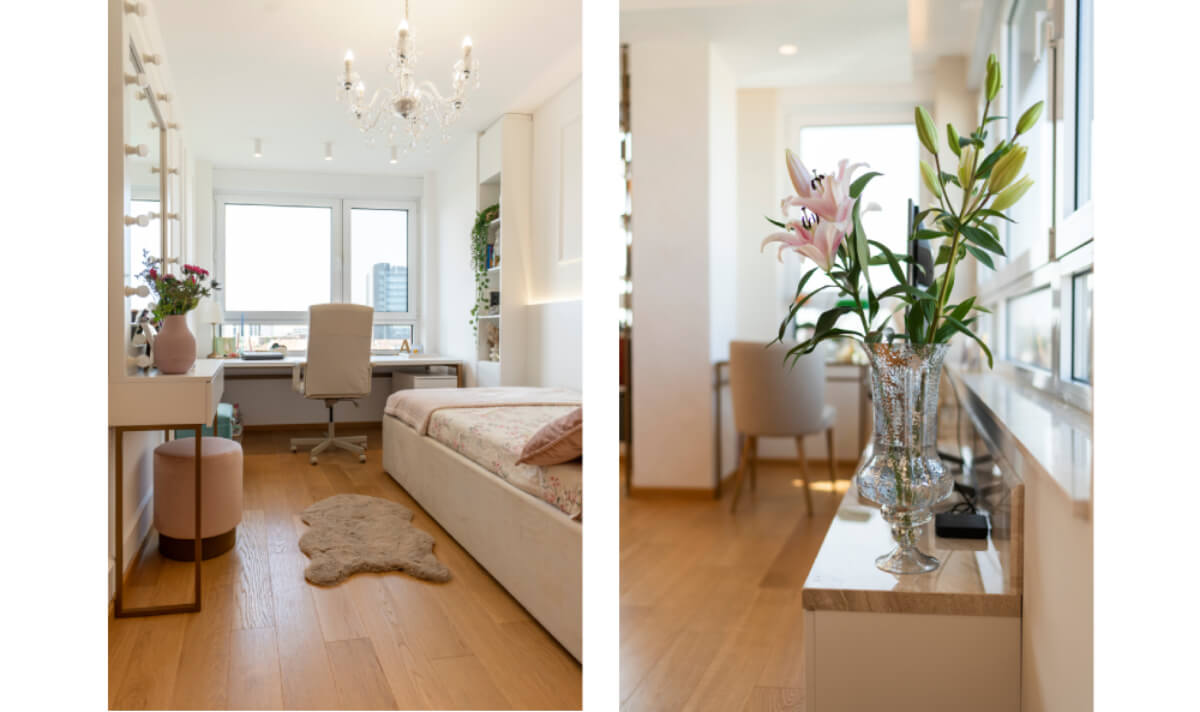 Workroom – desk – bed – flowers