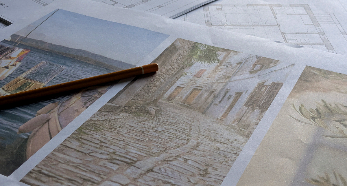 Artistic painting, stone pathway, serene atmosphere, suitable for home decor