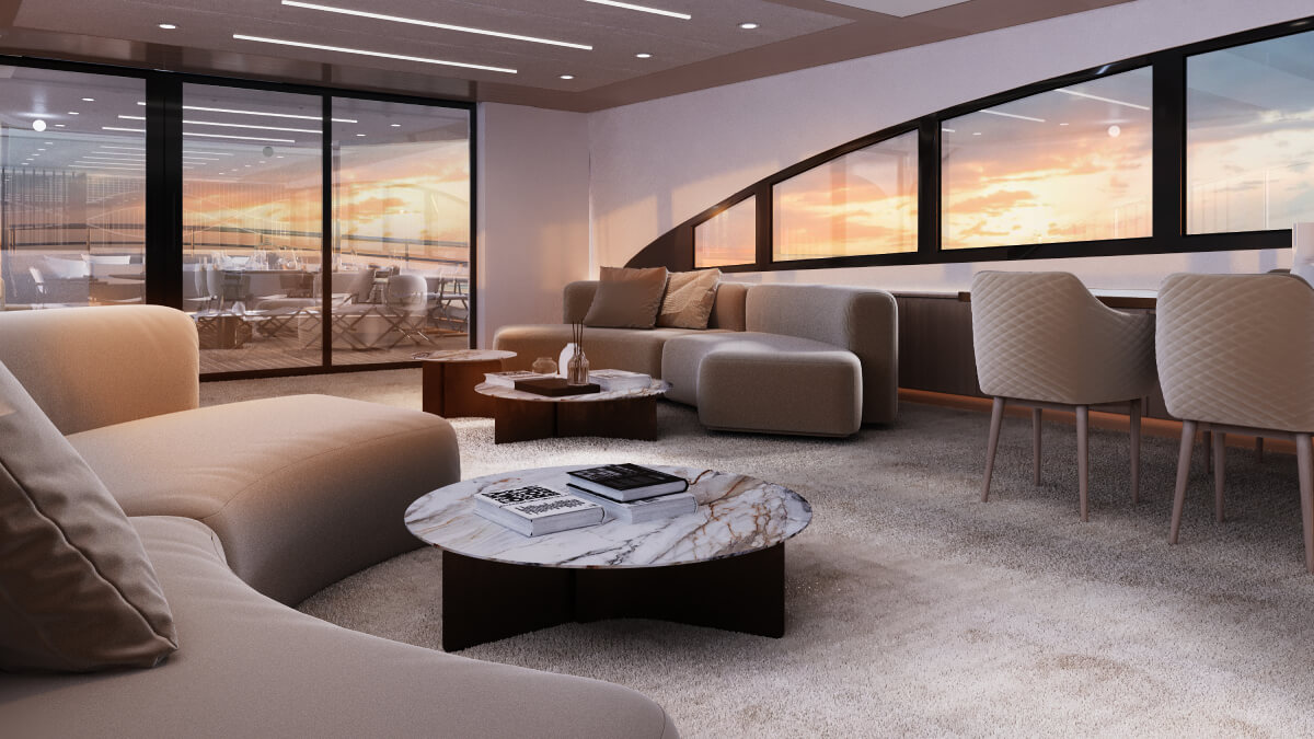 Luxury yacht salon with sofas, marble tables, sunset view