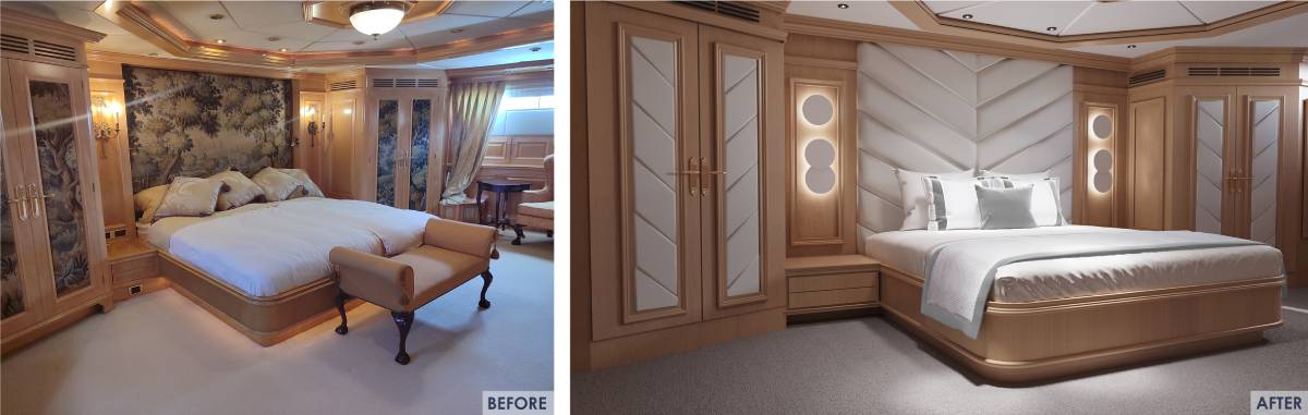 Luxury yacht interior after renovation with neutral tones and modern design
