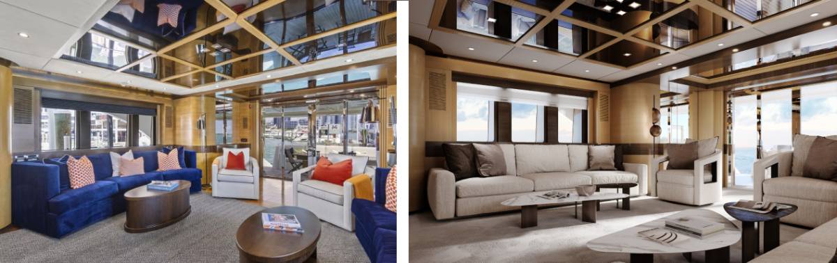 Yacht interior before renovation with blue sofas and wooden ceiling