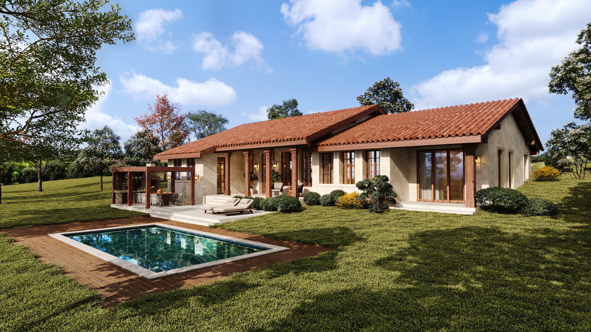 Backyard pool perspective of Brazil style single-story house with terracotta roof and landscaped garden.