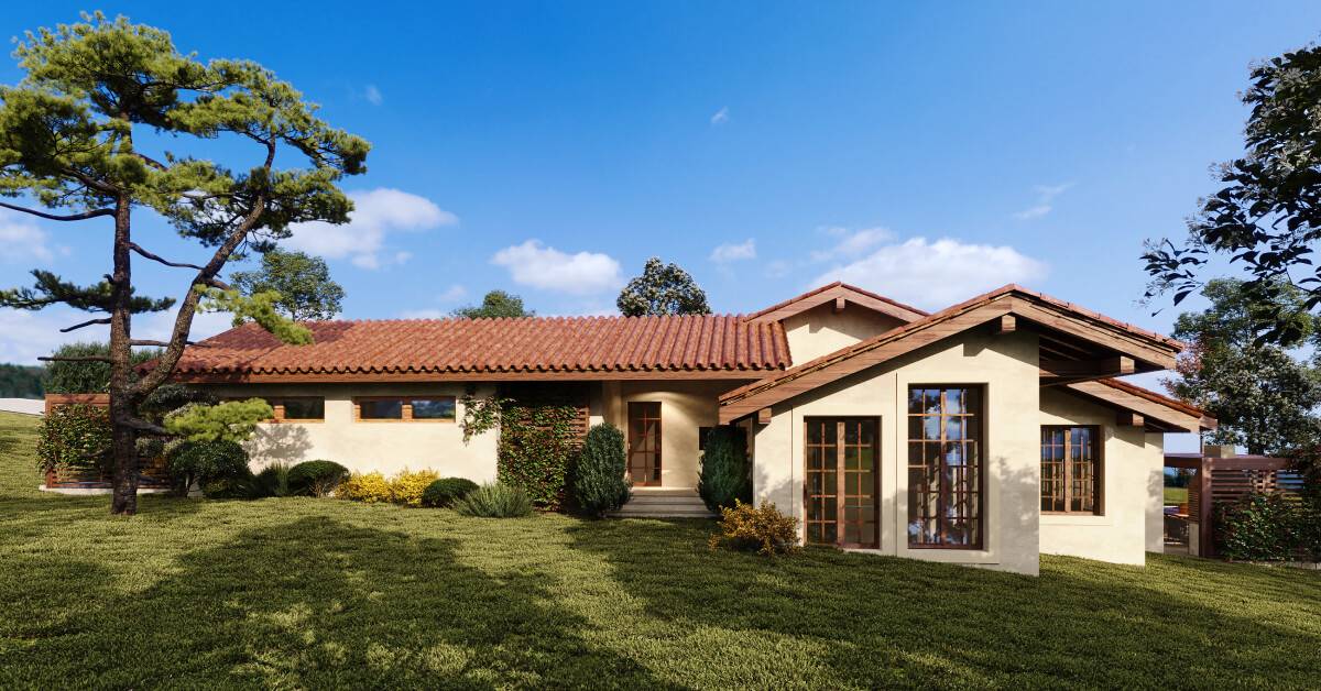 Side garden view of Brazil style house with terracotta roof, large windows, trees, and landscaped greenery.