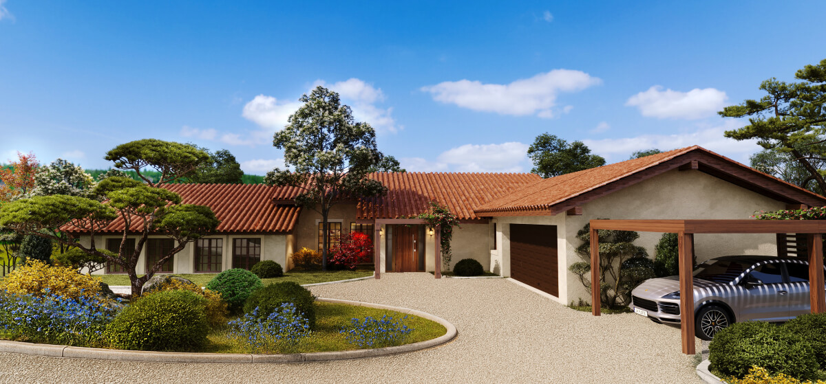 Front entrance of Brazil style house with terracotta roof, circular driveway, landscaped garden, and covered carport.