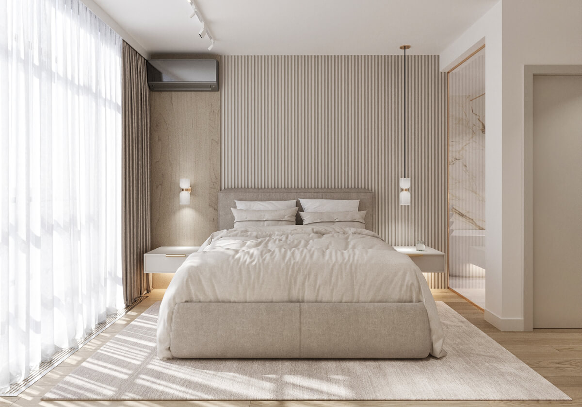 Minimalist bedroom with upholstered bed, wood slat feature wall and pendant bedside lighting next to a large window.