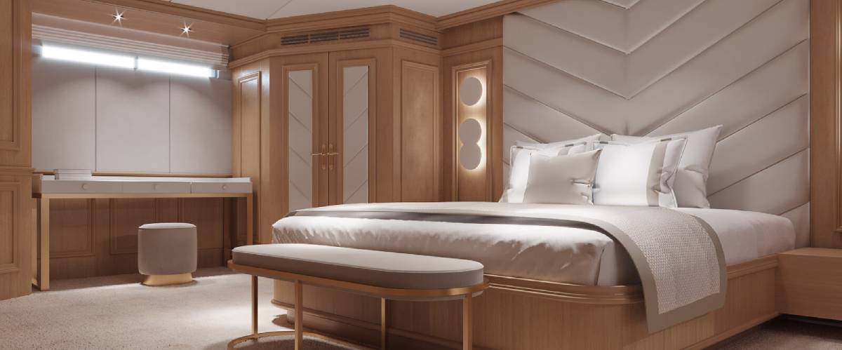 Interior renovation of master bed room in neutral tones with a large double bed
