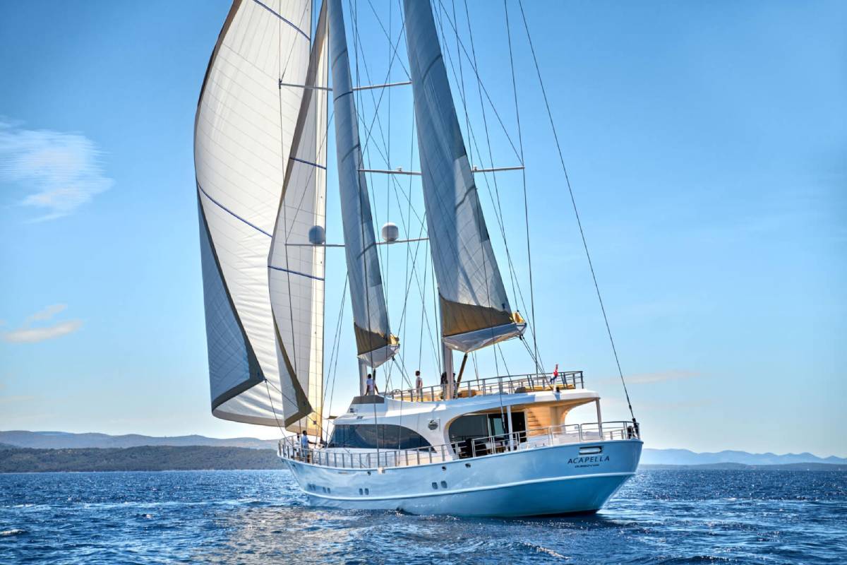 The luxury yacht Acapella sails under full sail