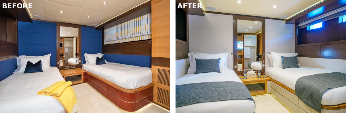 Double guest cabin of a luxury yacht before and after interior refit