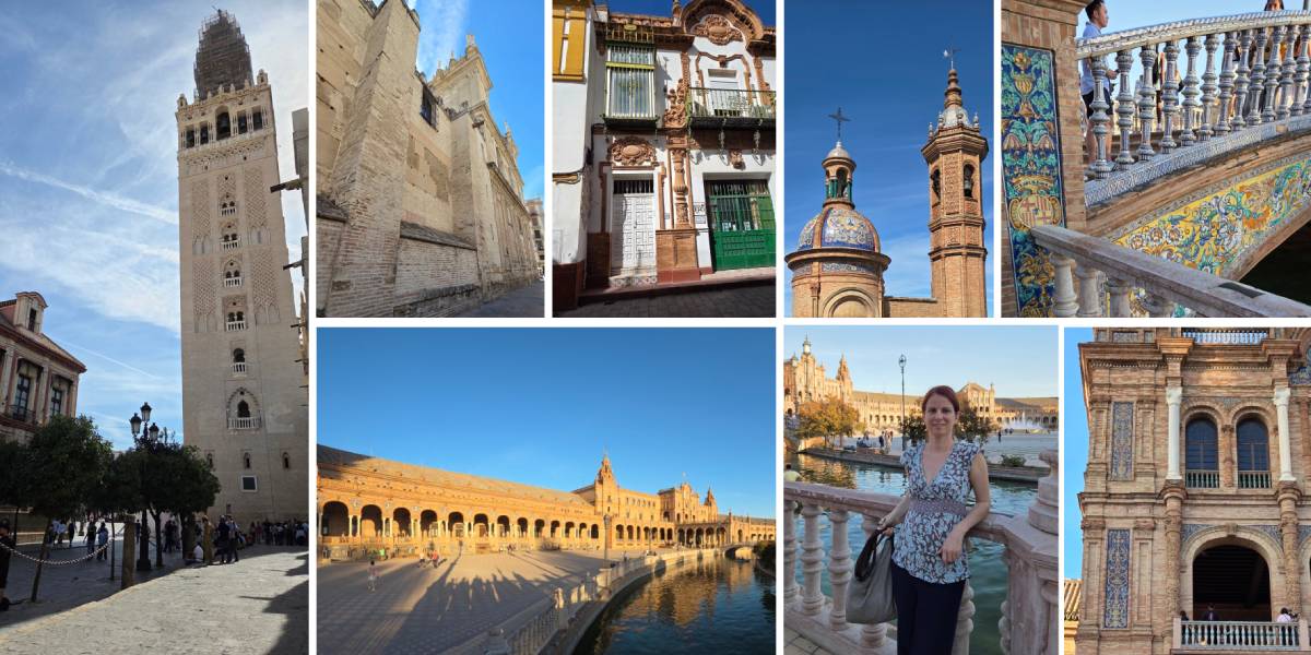 Layered architecture inspires yacht interior refits. Photo collage of Seville featuring the Giralda tower, Plaza de España, colorful ceramic tiles, historic façades, and Svetlana Mojic Dzakula standing beside a balustrade in the square.