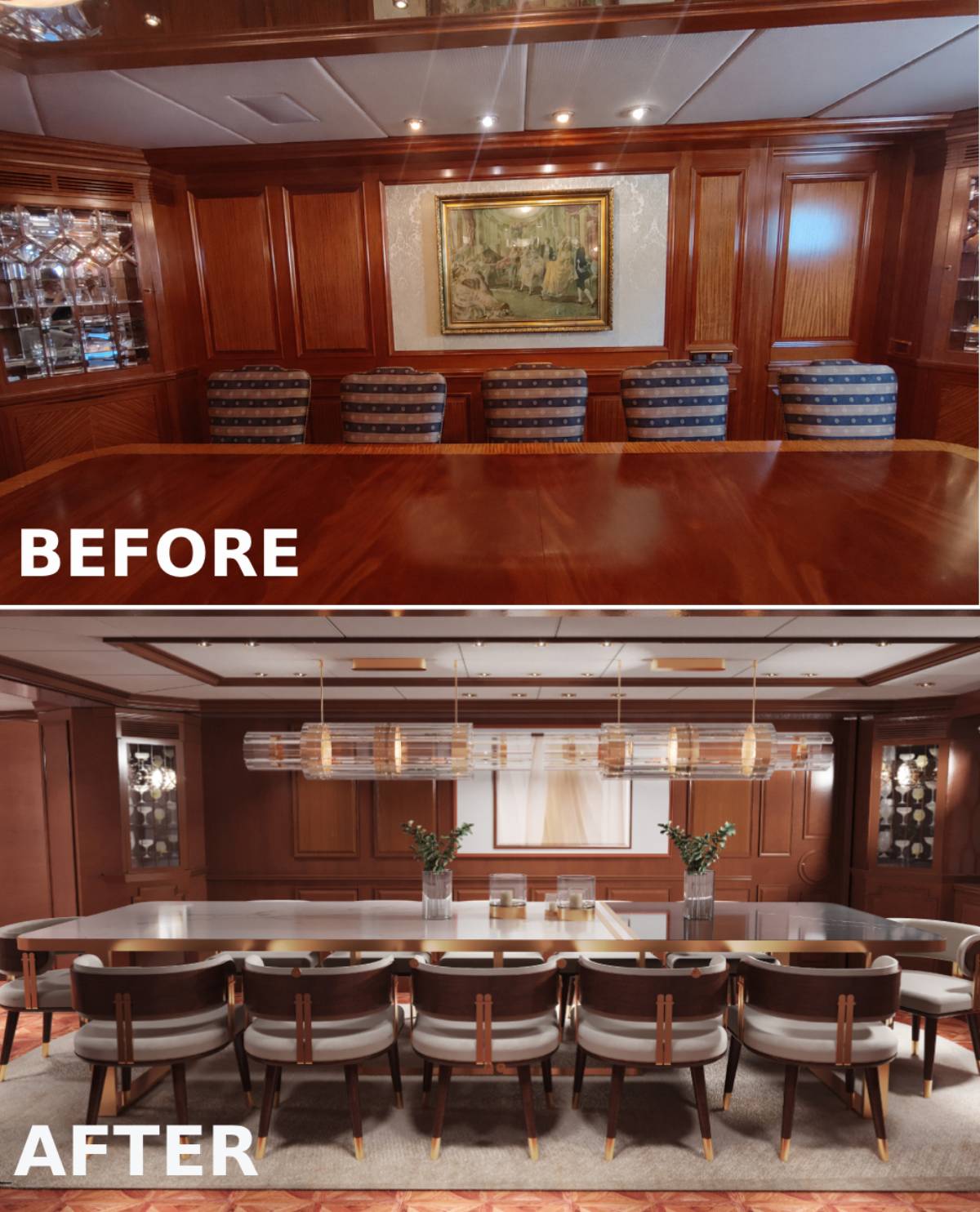 Refits of yacht dining room before and after renovation: a traditional wood interior transformed into a brighter space with a modern table, upholstered chairs, and pendant lighting.